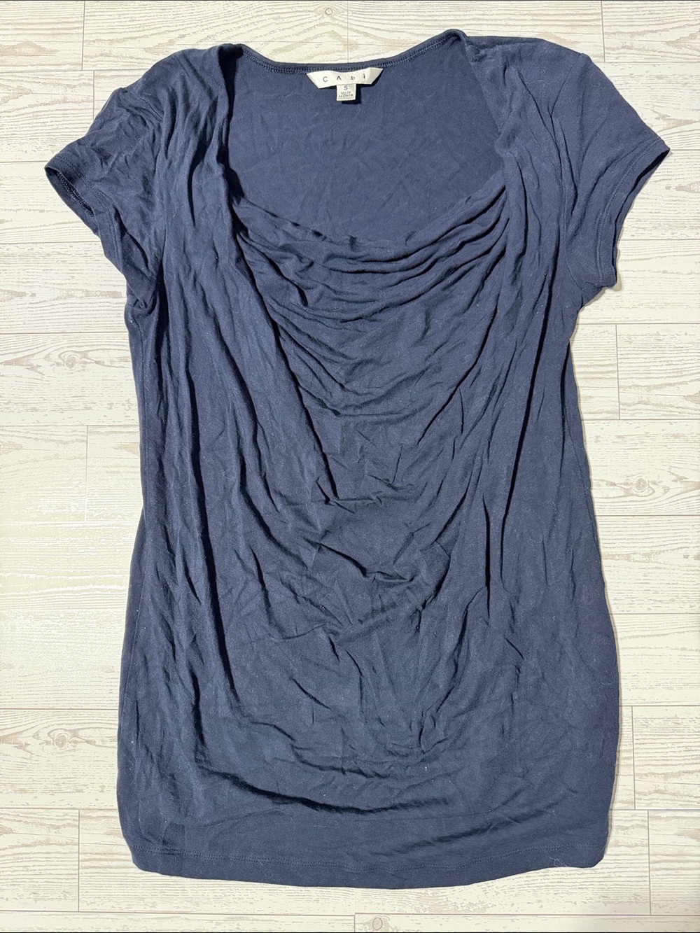 CAbi Navy Ruched Drape Short Sleeve Top